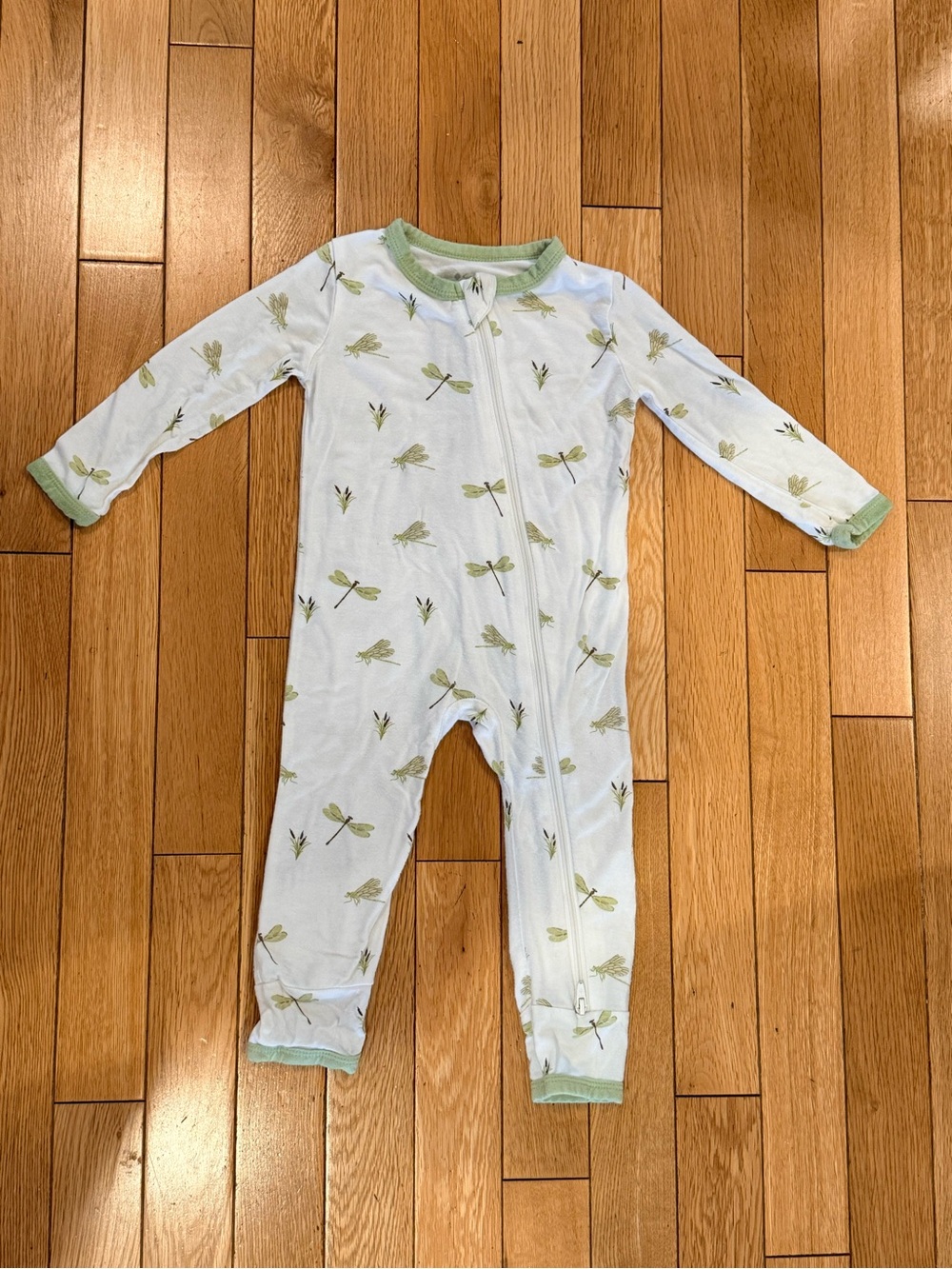 Kyte Baby Bamboo One-Piece Zip Pajamas in White with Green Dragonfly Print